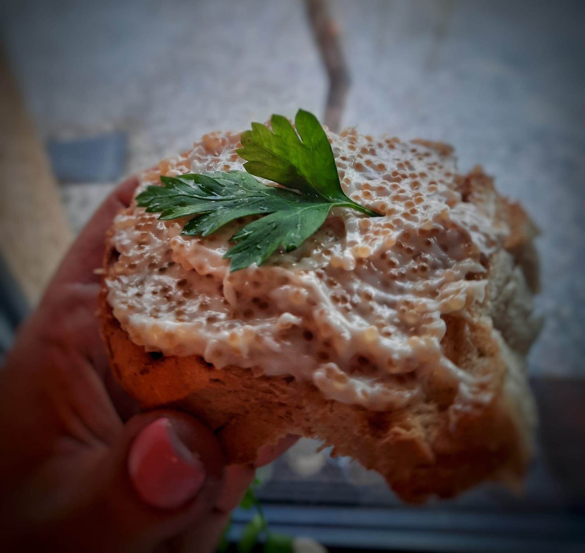 Homemade fish roe salad on toasted bread